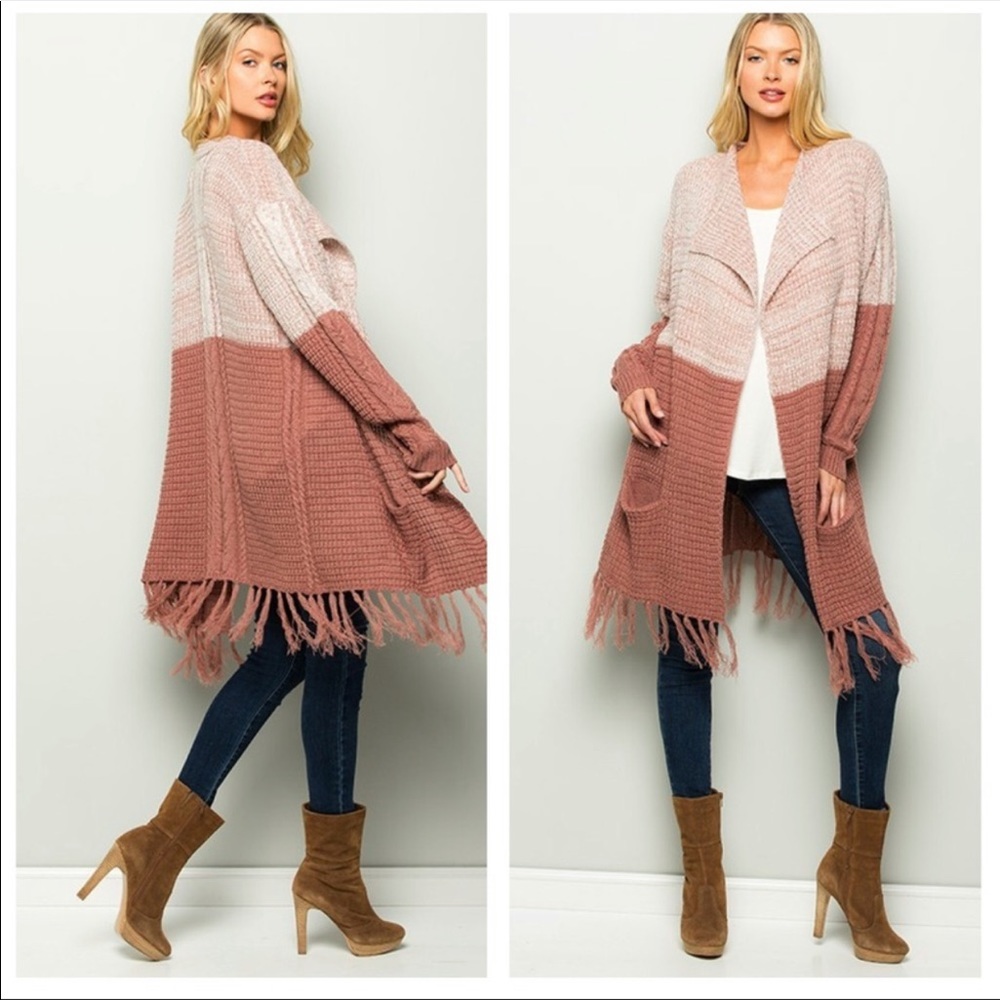 Mauve Color Block Fringe Cardigan - Picture 5 of 5